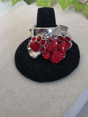 Silver Stretch To Fit Ring with Red Paw Print Charms and Rhinestone